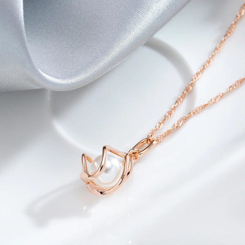 Rose Gold Geometric Hollow Pearl Pendant Necklace