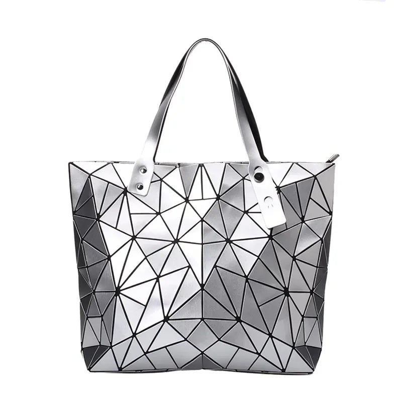 Luxury Hologram Geometric Tote Bag – Large Silver Designer Shoulder Handbag