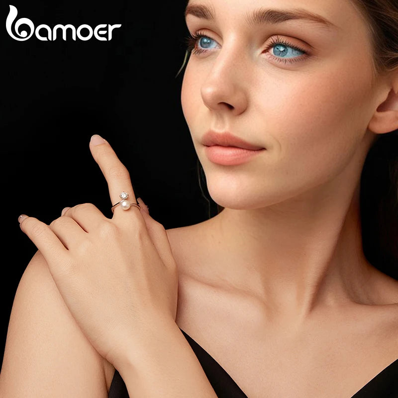 The Ethereal Pearl and Moissanite Sterling Silver Open Ring