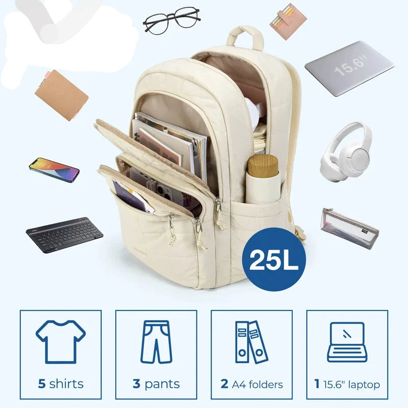 Quilted Laptop Backpack for Women – Water-Resistant 15.6” College & Travel Bag