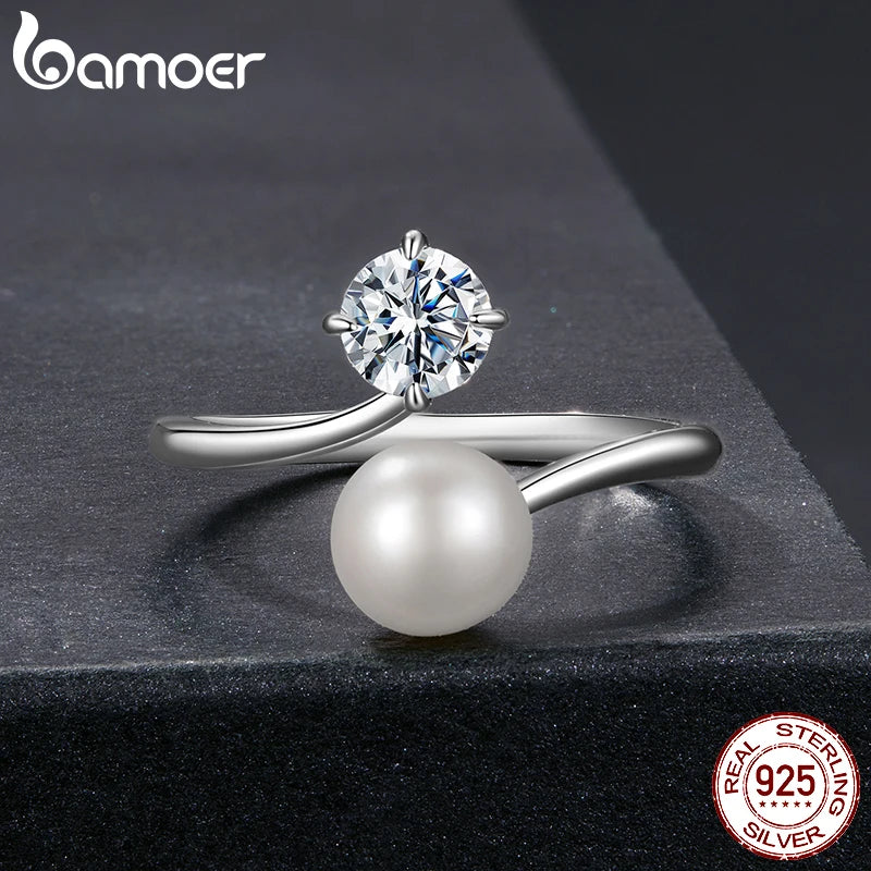 The Ethereal Pearl and Moissanite Sterling Silver Open Ring