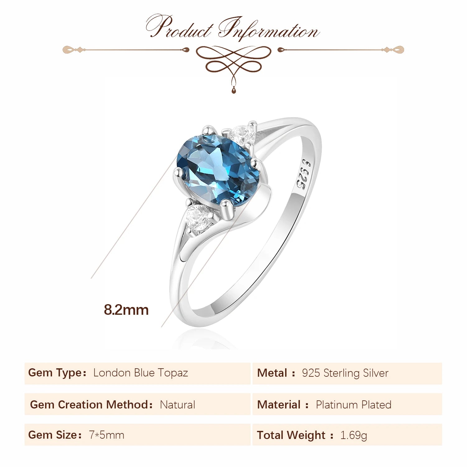 Deep Sea Elegance: POTIY Natural London Blue Topaz Solitaire