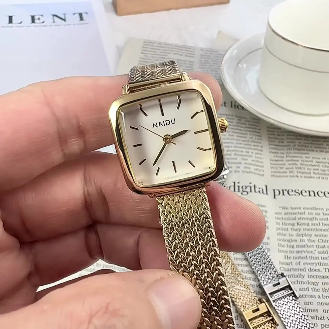 Golden Radiance: Delicate Square Dial Bracelet Watch