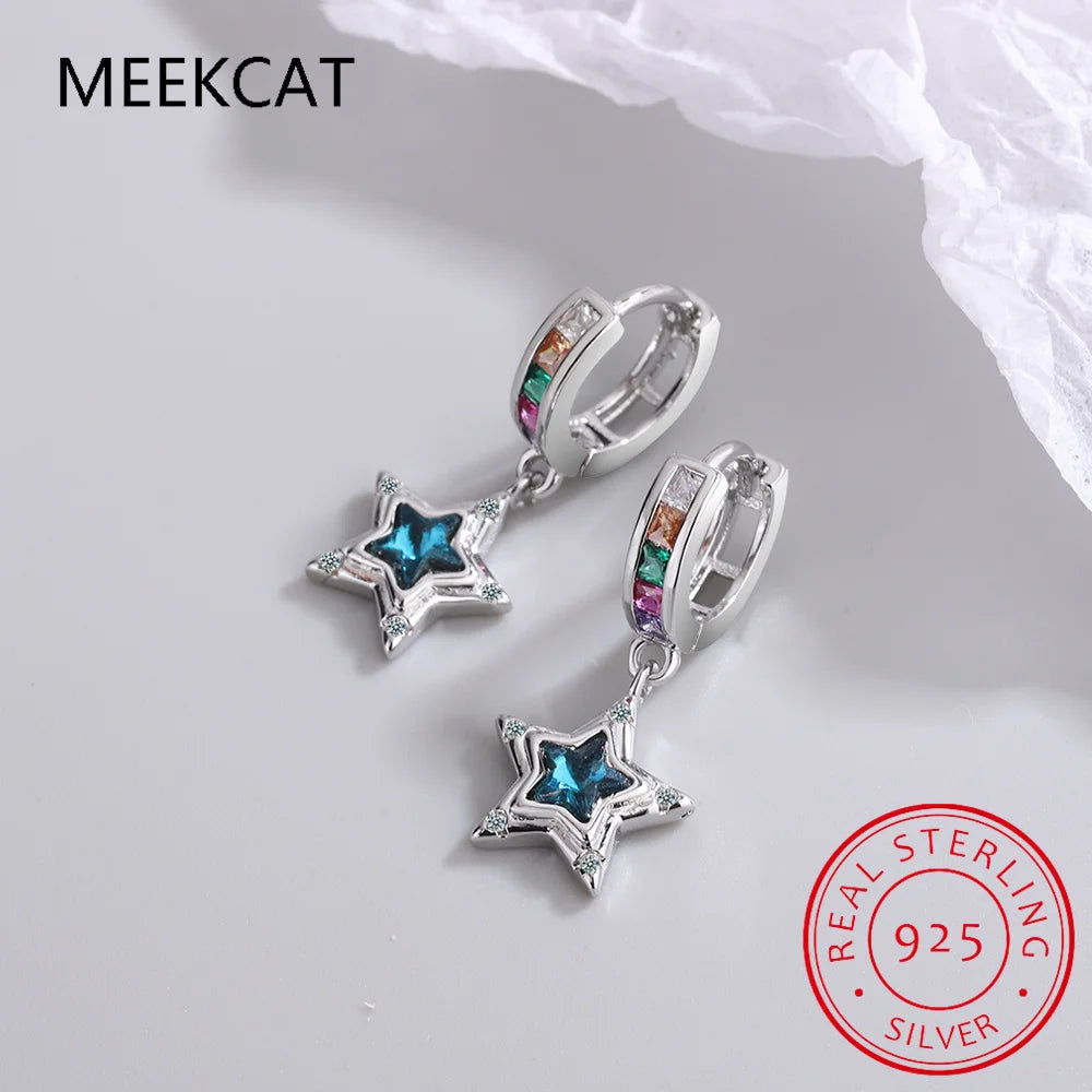 Celestial Dreams: 925 Sterling Silver Blue Star Huggie Hoops
