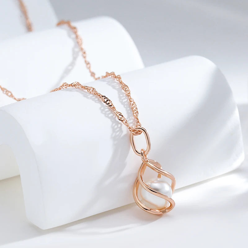Rose Gold Geometric Hollow Pearl Pendant Necklace