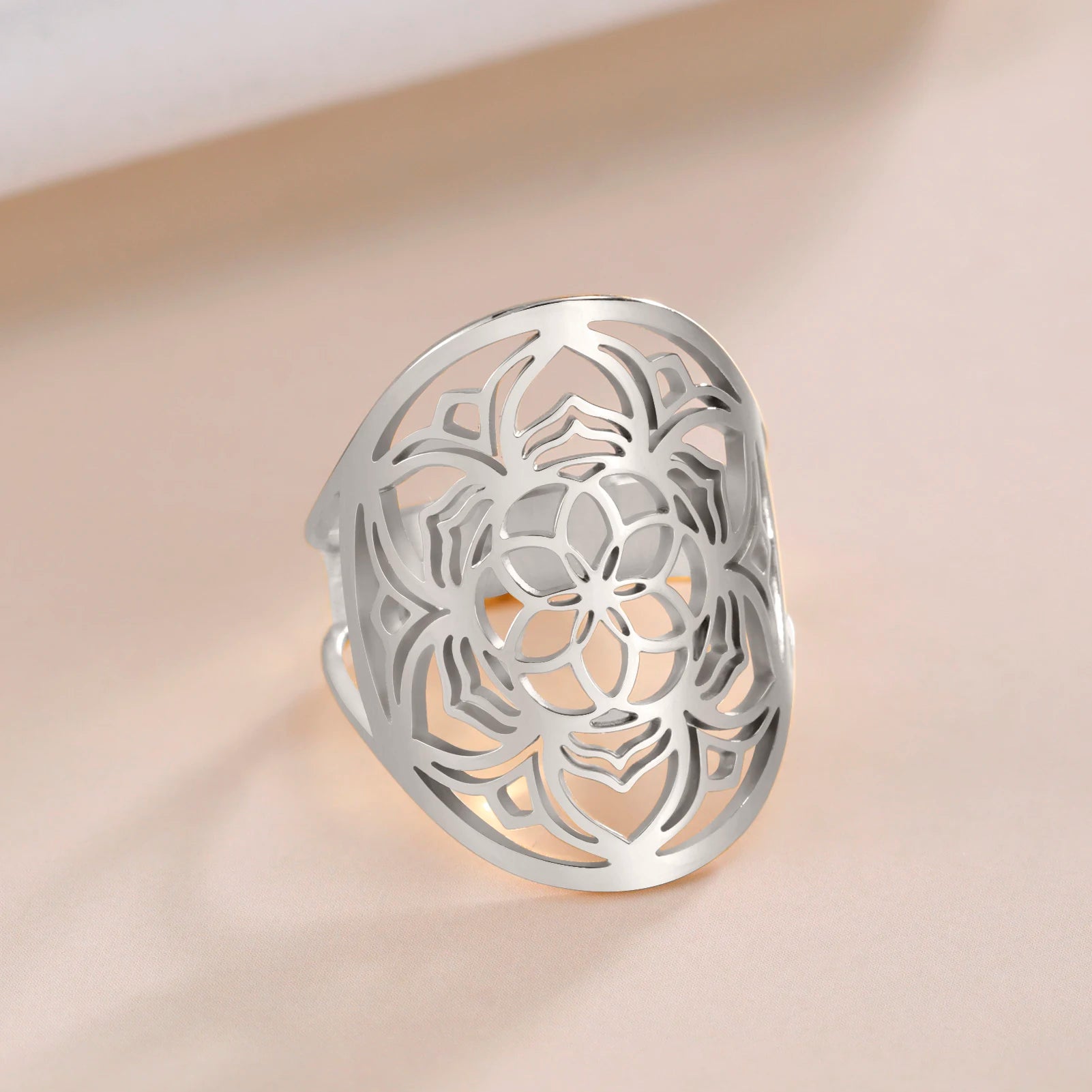 Adjustable stainless steel ring lotus flower spiritual amulet