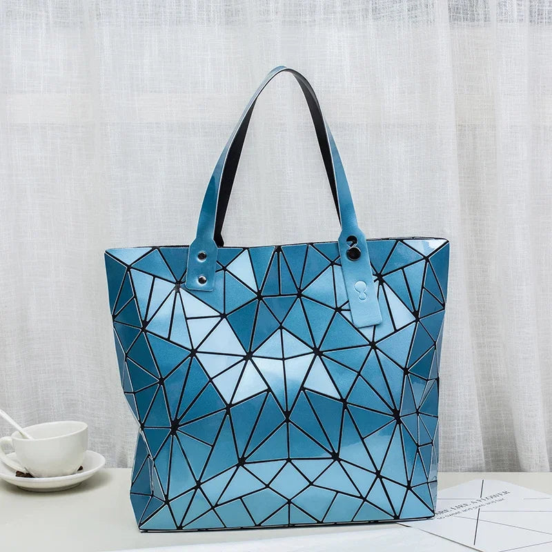 Luxury Hologram Geometric Tote Bag – Large Silver Designer Shoulder Handbag