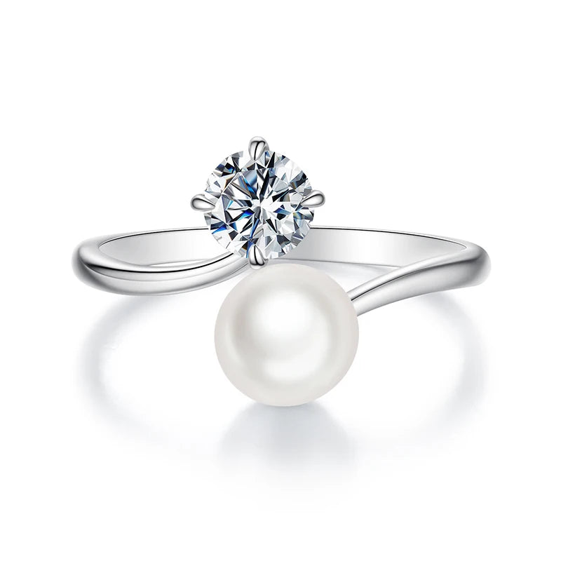 The Ethereal Pearl and Moissanite Sterling Silver Open Ring