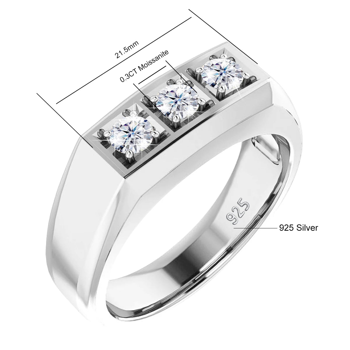 Heavy S925 Sterling Silver 3-Stone Moissanite Ring