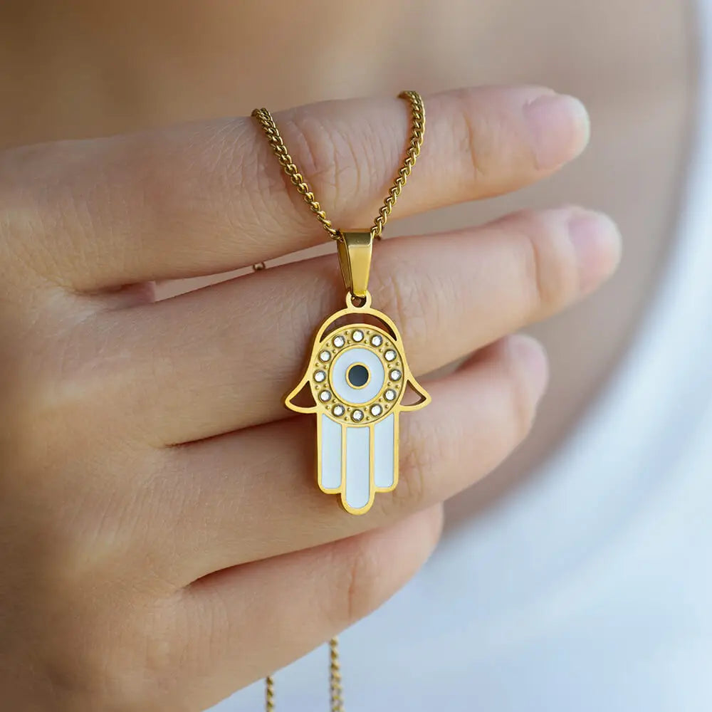 Hamsa Light – Zircon Palm & Geometric Pendant