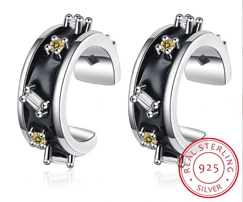 Midnight Sparkle: 925 Sterling Silver Black Enamel & Zircon Ear Cuff