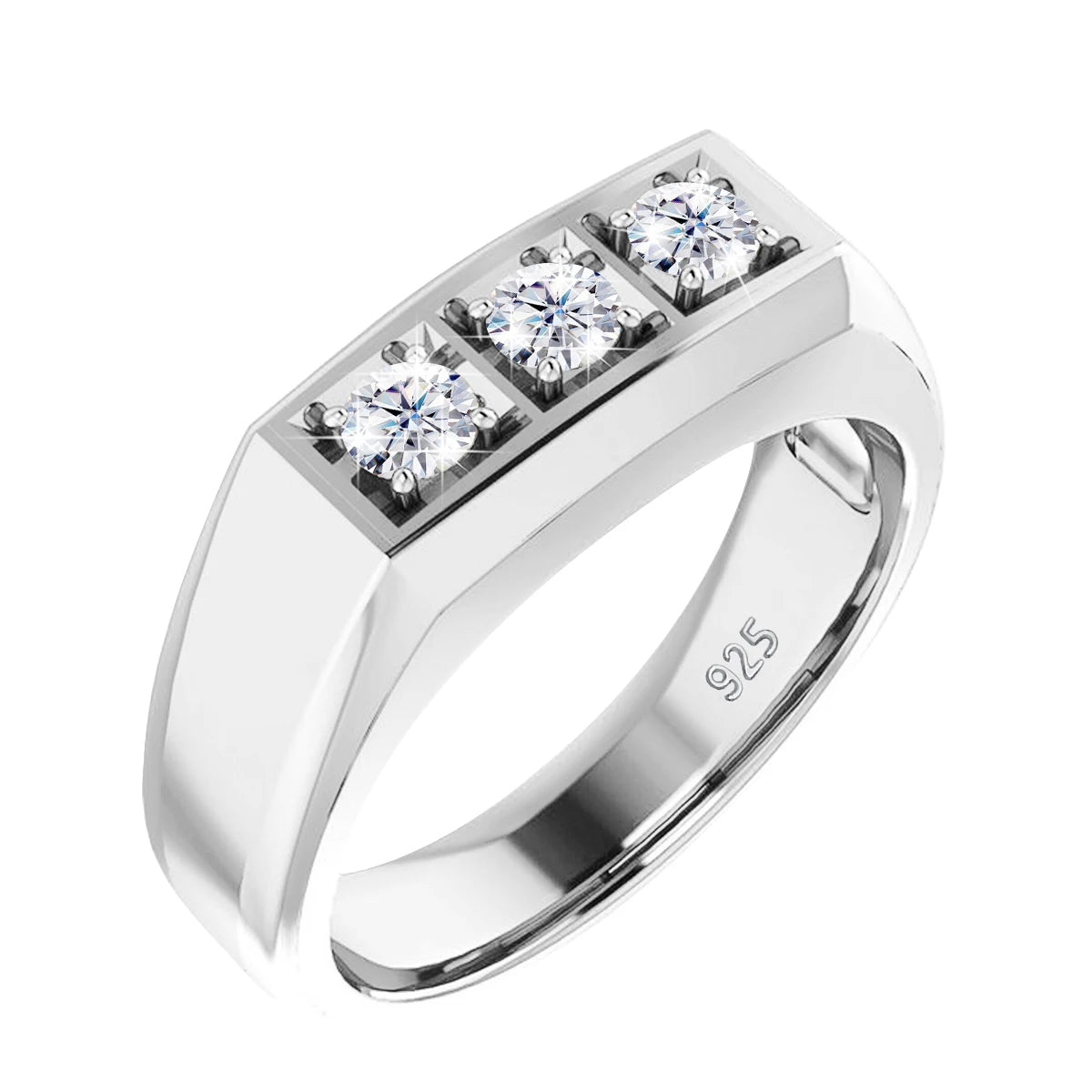 Heavy S925 Sterling Silver 3-Stone Moissanite Ring