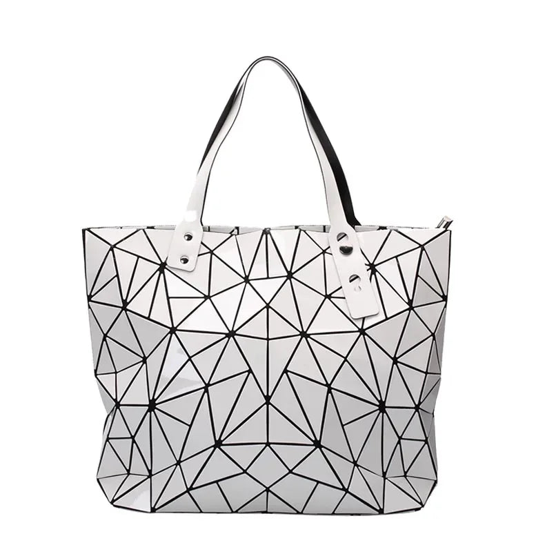 Luxury Hologram Geometric Tote Bag – Large Silver Designer Shoulder Handbag