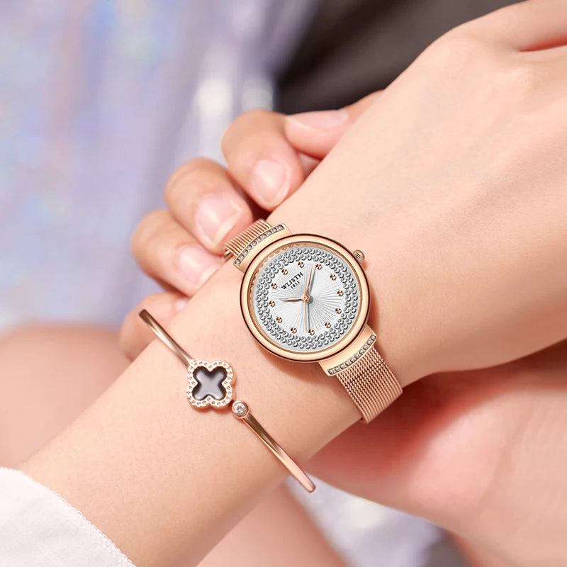 Rose Gold Rhinestone Milanese Watch – Women
