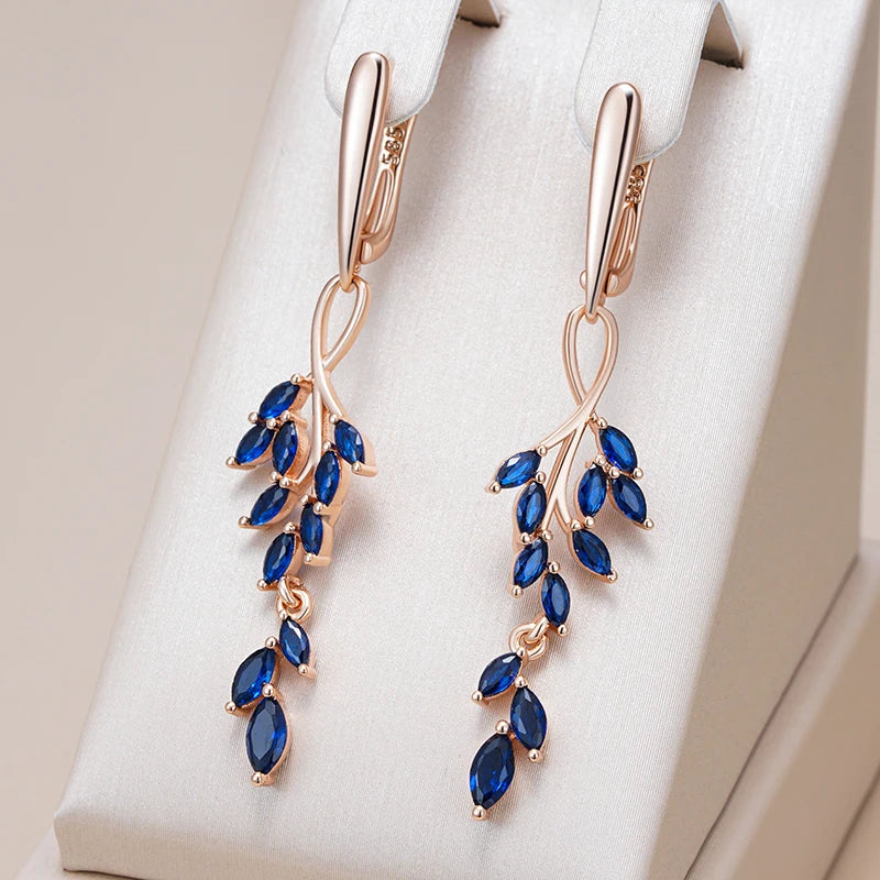 Earring – Blue Zircon Leaf Dangle Elegance