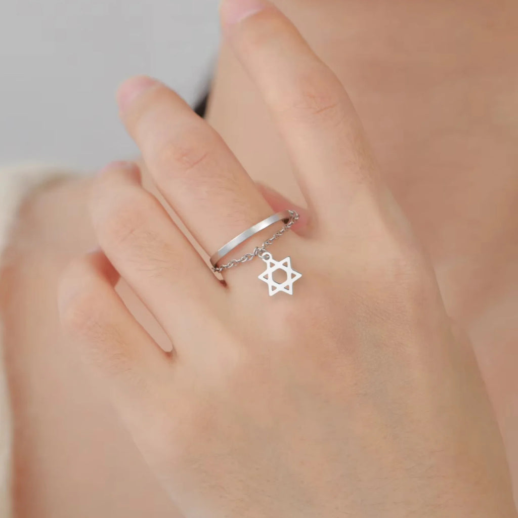 Adjustable ring with Star of David hexagram in stainless steel