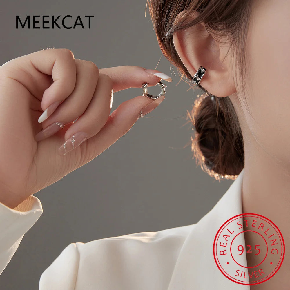 Midnight Sparkle: 925 Sterling Silver Black Enamel & Zircon Ear Cuff