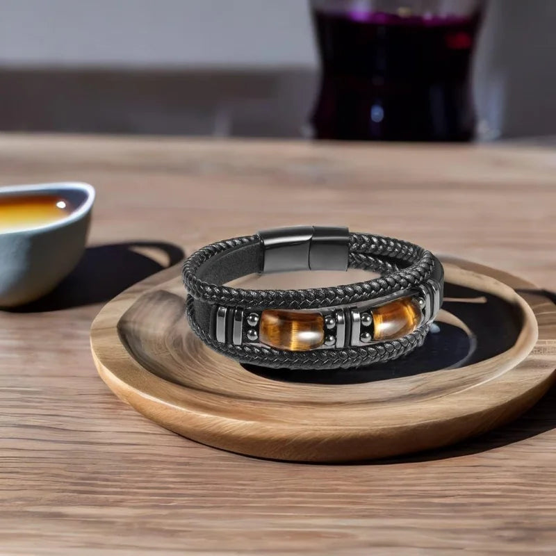 Tiger Eye Leather Bracelet with Natural Gemstones