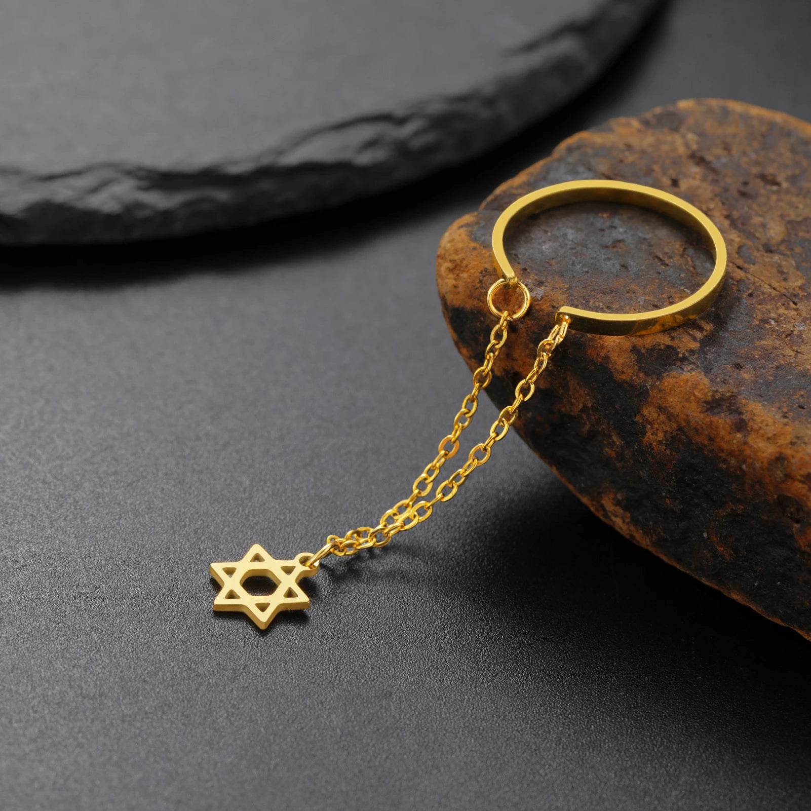 Adjustable ring with Star of David hexagram in stainless steel