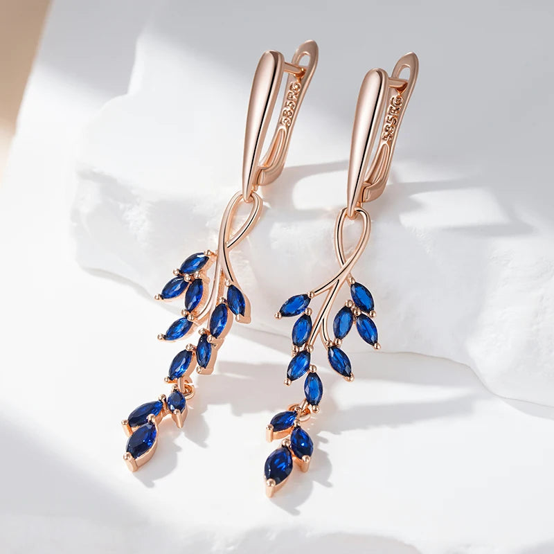 Earring – Blue Zircon Leaf Dangle Elegance
