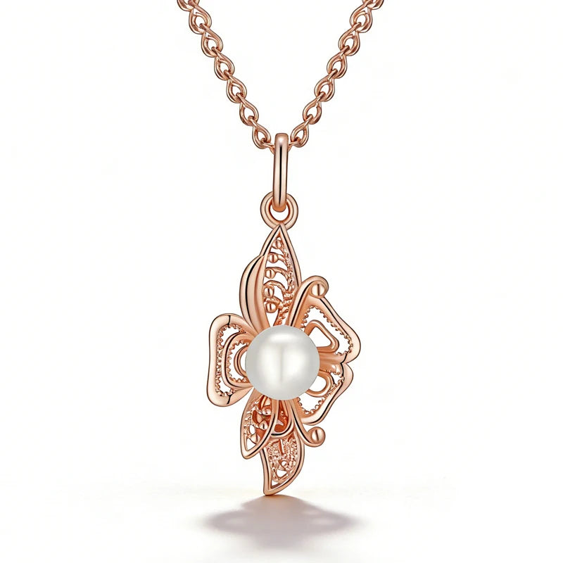 Blossom of Serenity – Pearl & Rose Gold Flower Pendant