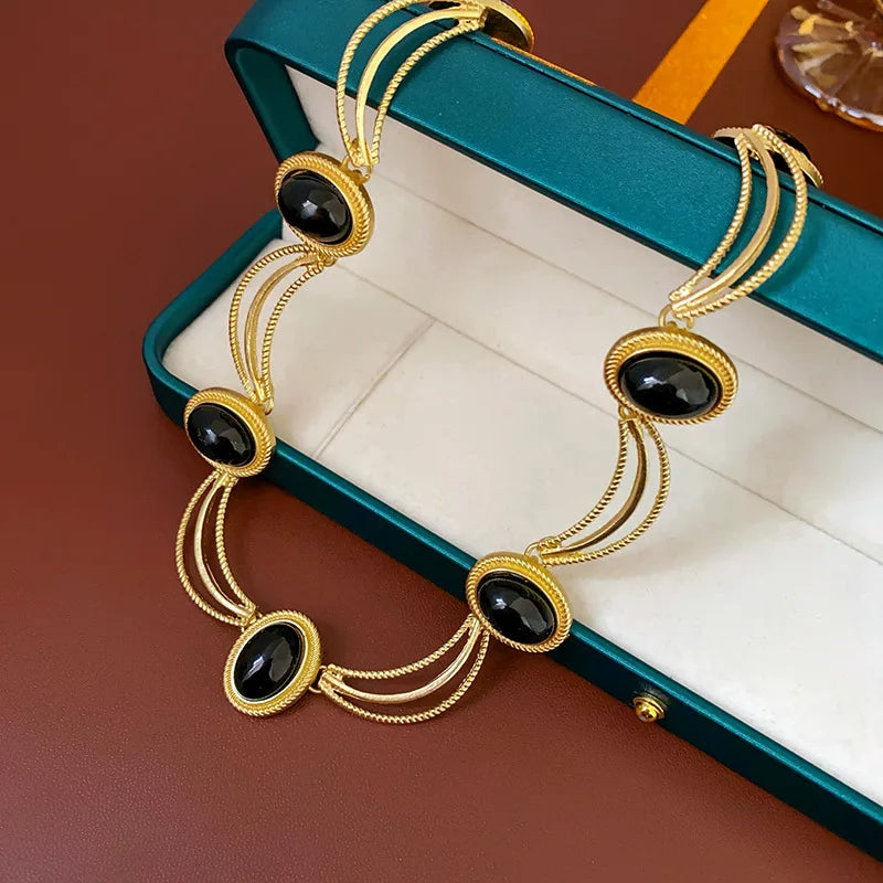 Black Oval Stone Vintage Necklace Earring Set