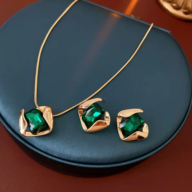 Green Square Necklace & Earring Set
