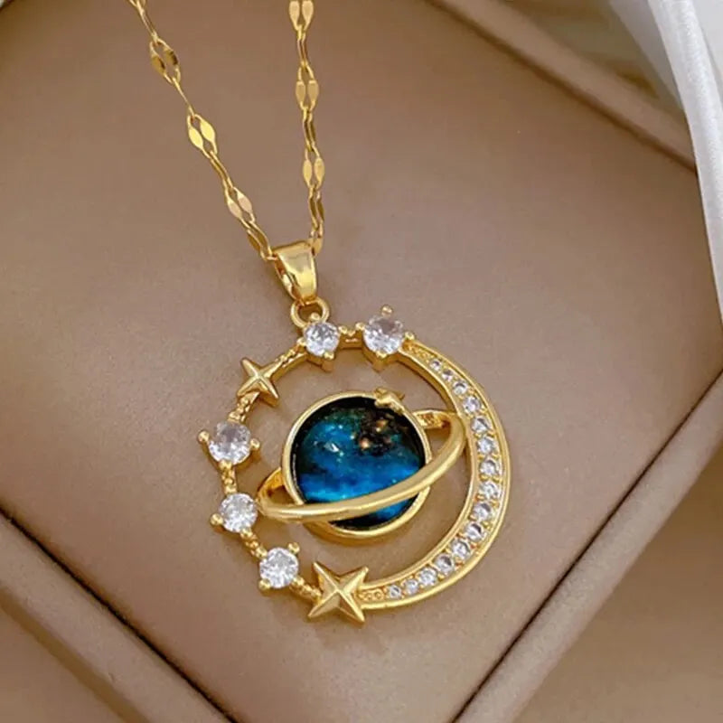 The Celestial Voyager Star and Moon Titanium Pendant Necklace