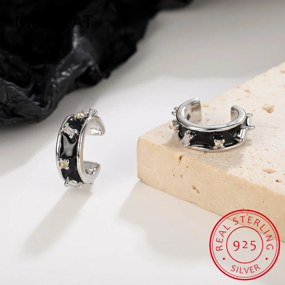 Midnight Sparkle: 925 Sterling Silver Black Enamel & Zircon Ear Cuff