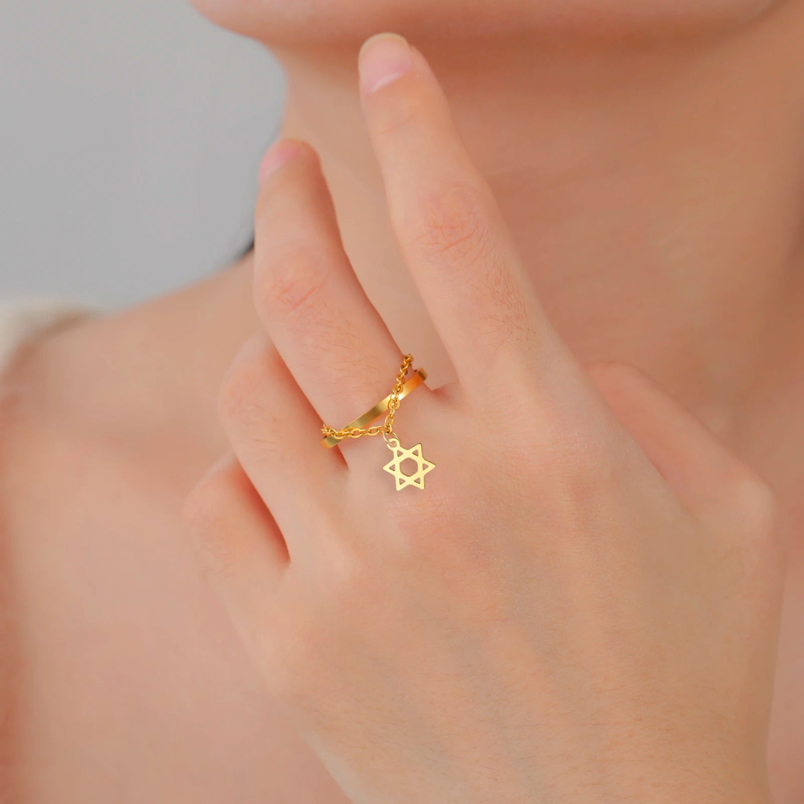 Adjustable ring with Star of David hexagram in stainless steel