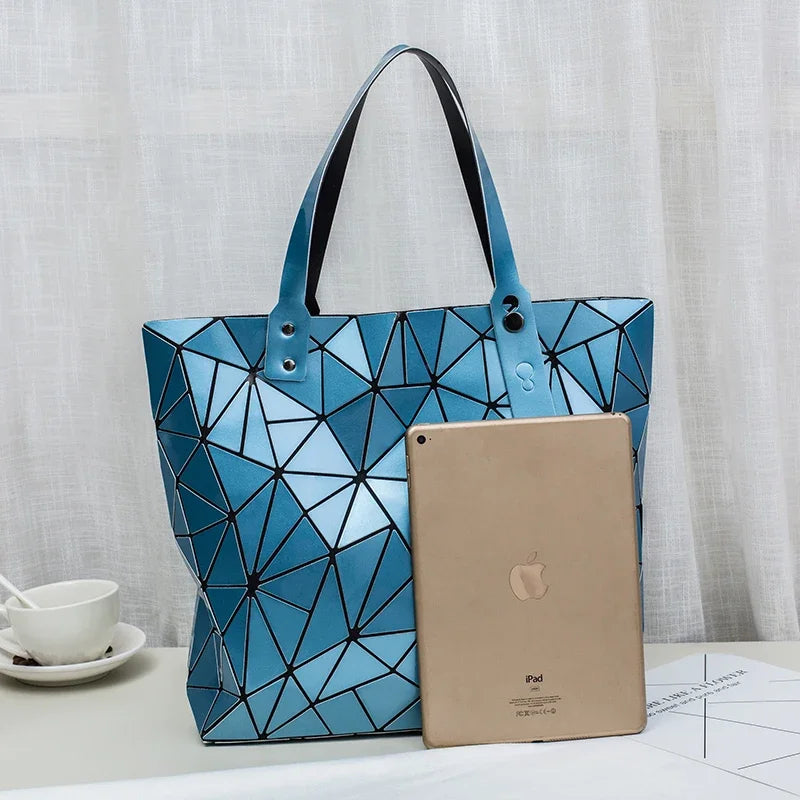 Luxury Hologram Geometric Tote Bag – Large Silver Designer Shoulder Handbag