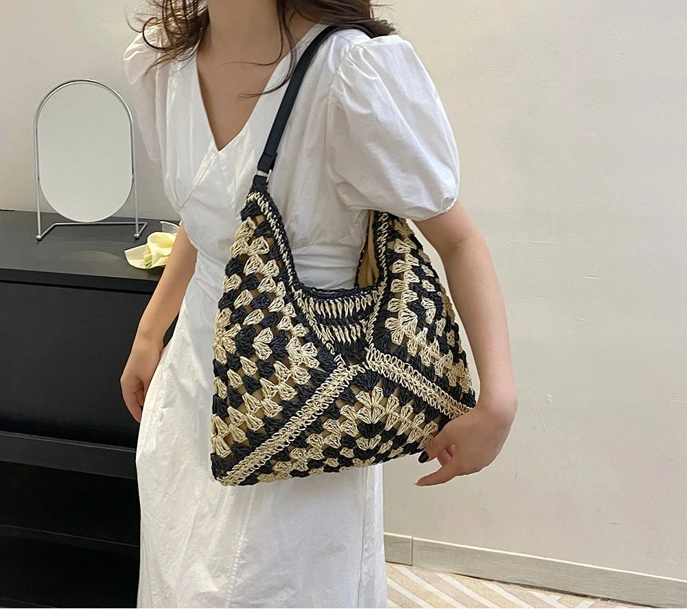 Bohemian Braided Straw Shoulder Bag – Summer Beach Tote for Women