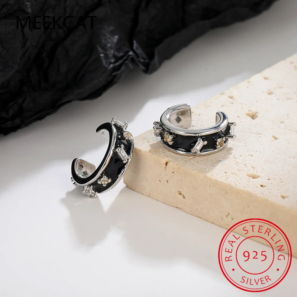 Midnight Sparkle: 925 Sterling Silver Black Enamel & Zircon Ear Cuff
