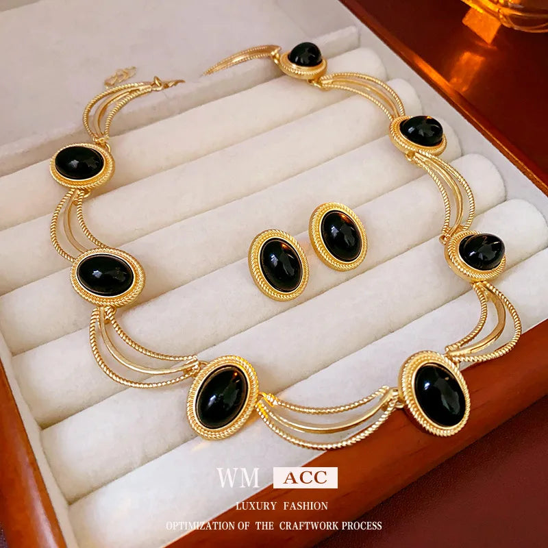 Black Oval Stone Vintage Necklace Earring Set