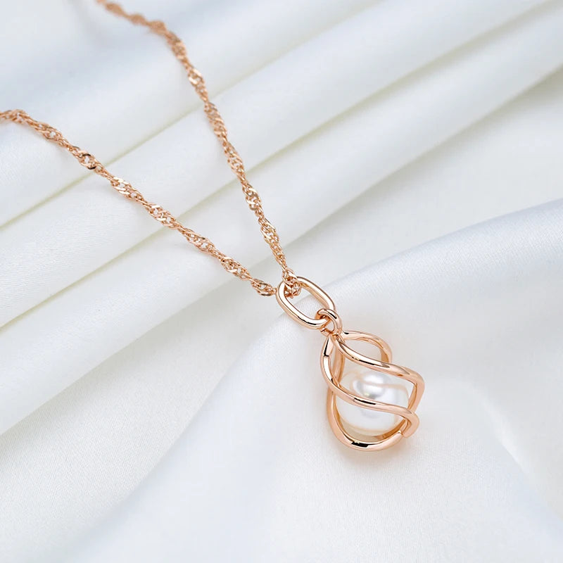 Rose Gold Geometric Hollow Pearl Pendant Necklace