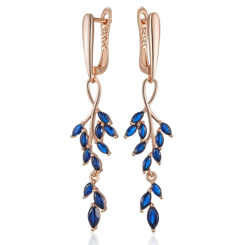 Earring – Blue Zircon Leaf Dangle Elegance