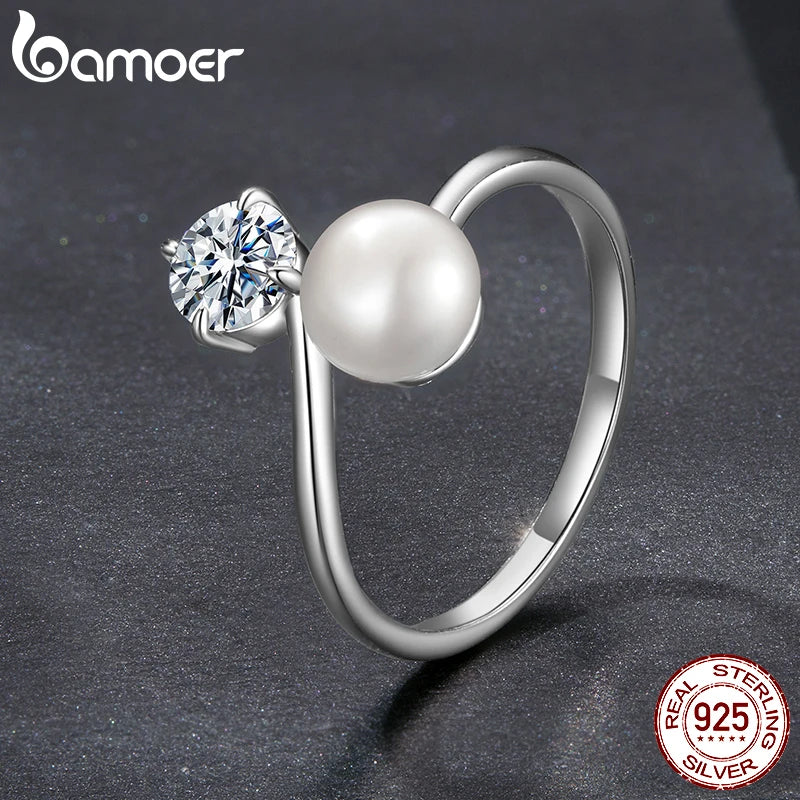 The Ethereal Pearl and Moissanite Sterling Silver Open Ring