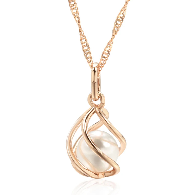 Rose Gold Geometric Hollow Pearl Pendant Necklace