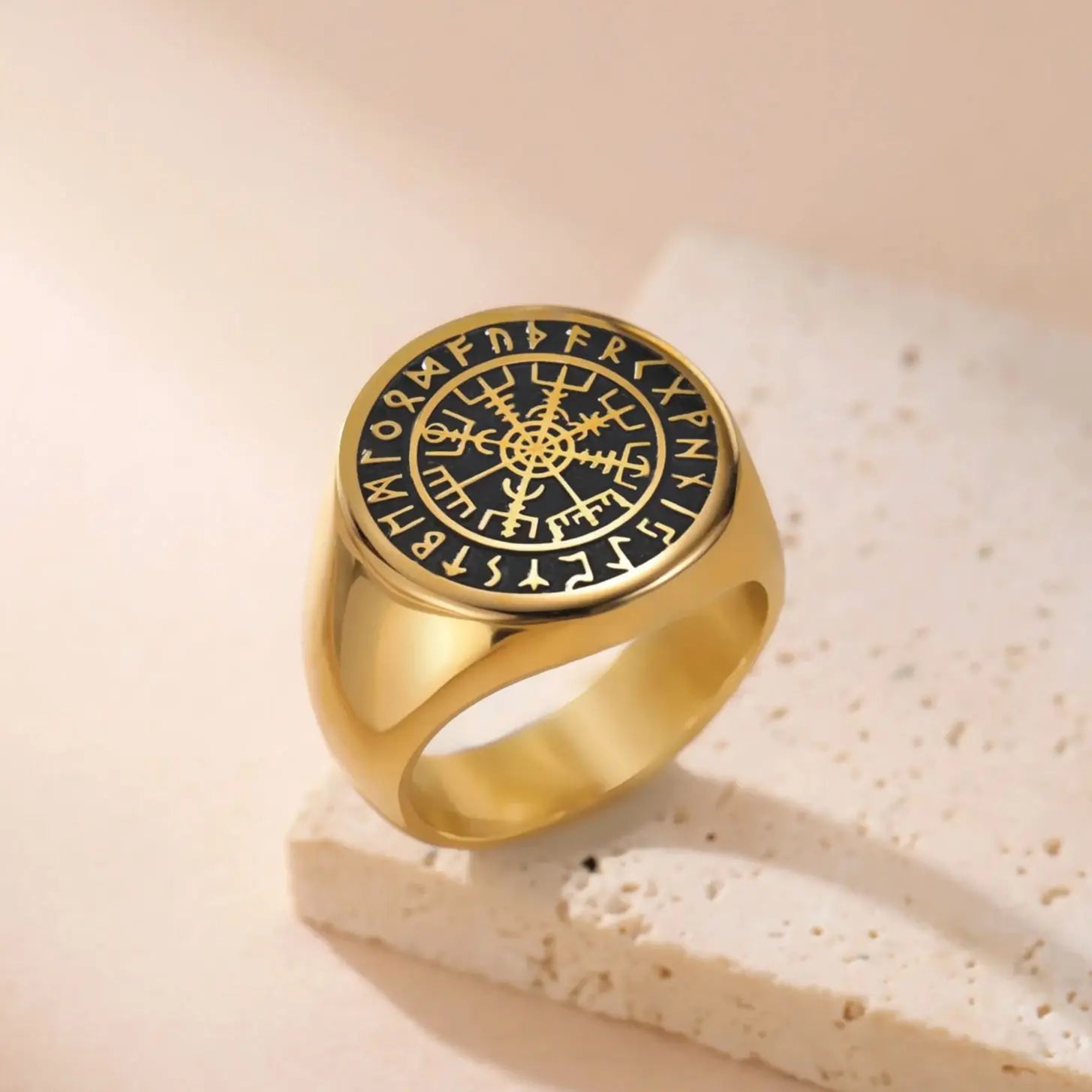 Vintage Viking Vegvisir Ring in Stainless Steel Nordic Amulet