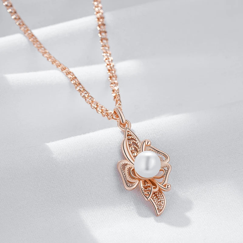 Blossom of Serenity – Pearl & Rose Gold Flower Pendant