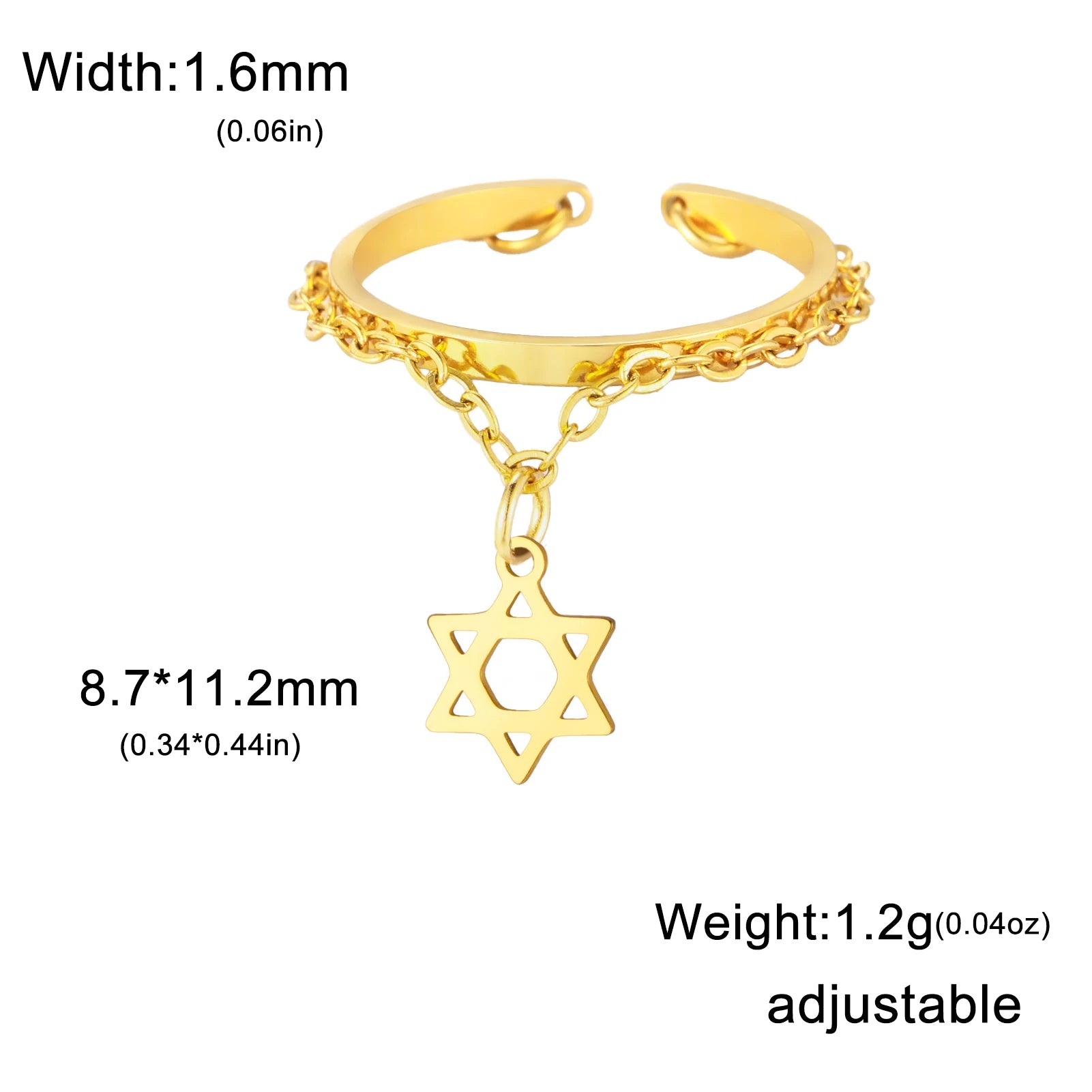 Adjustable ring with Star of David hexagram in stainless steel