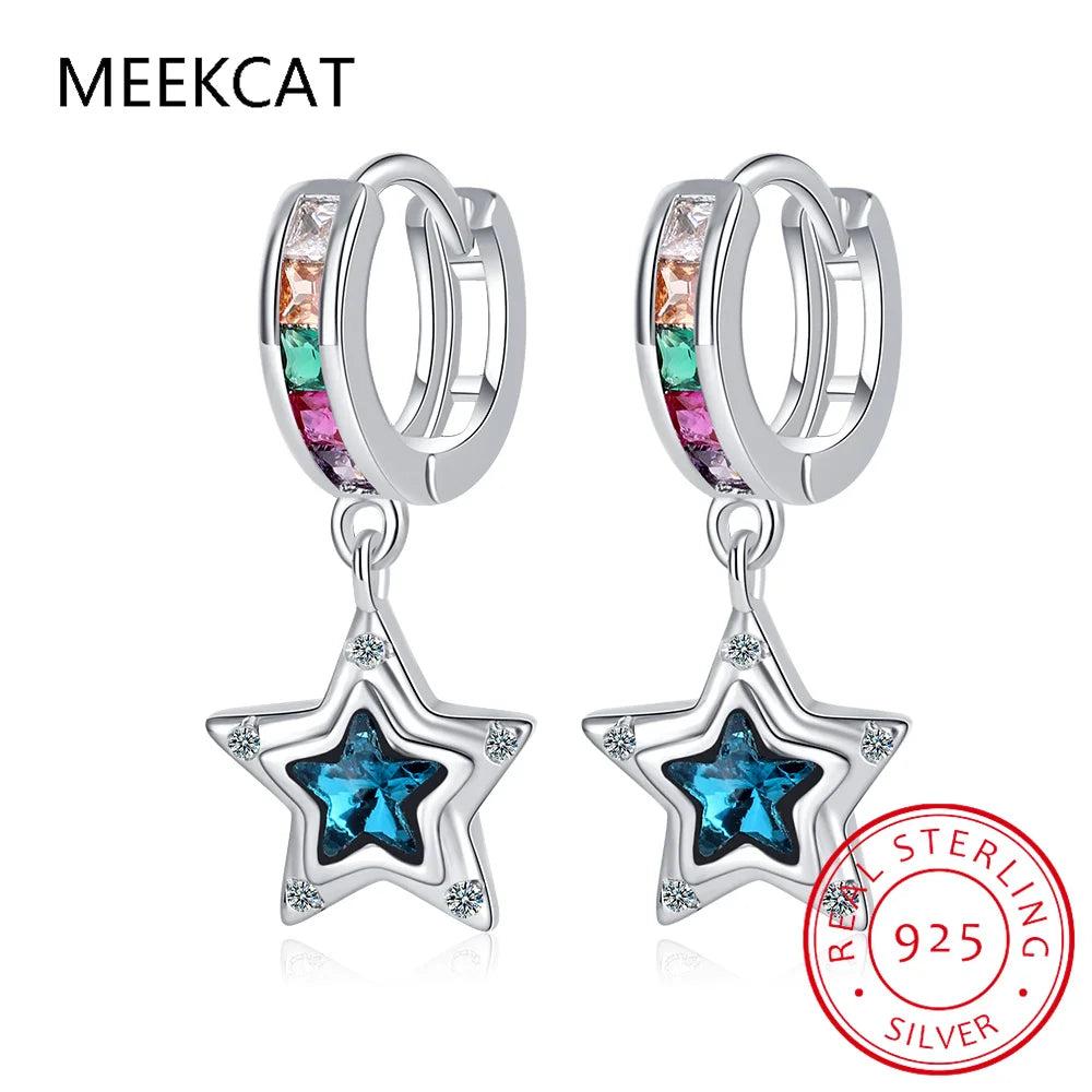 Celestial Dreams: 925 Sterling Silver Blue Star Huggie Hoops