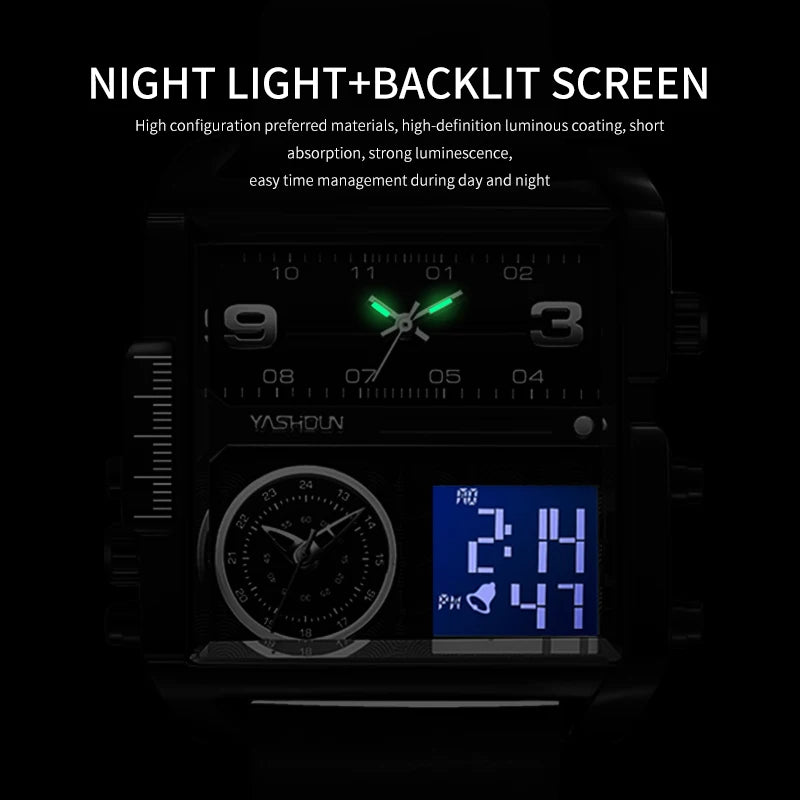 YASHIDUN Multifunctional Square Analog-Digital Sports Watch – Men