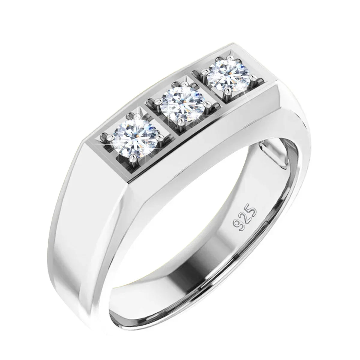 Heavy S925 Sterling Silver 3-Stone Moissanite Ring