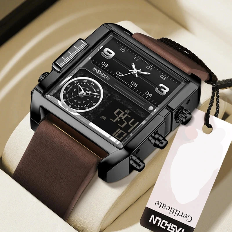 YASHIDUN Multifunctional Square Analog-Digital Sports Watch – Men