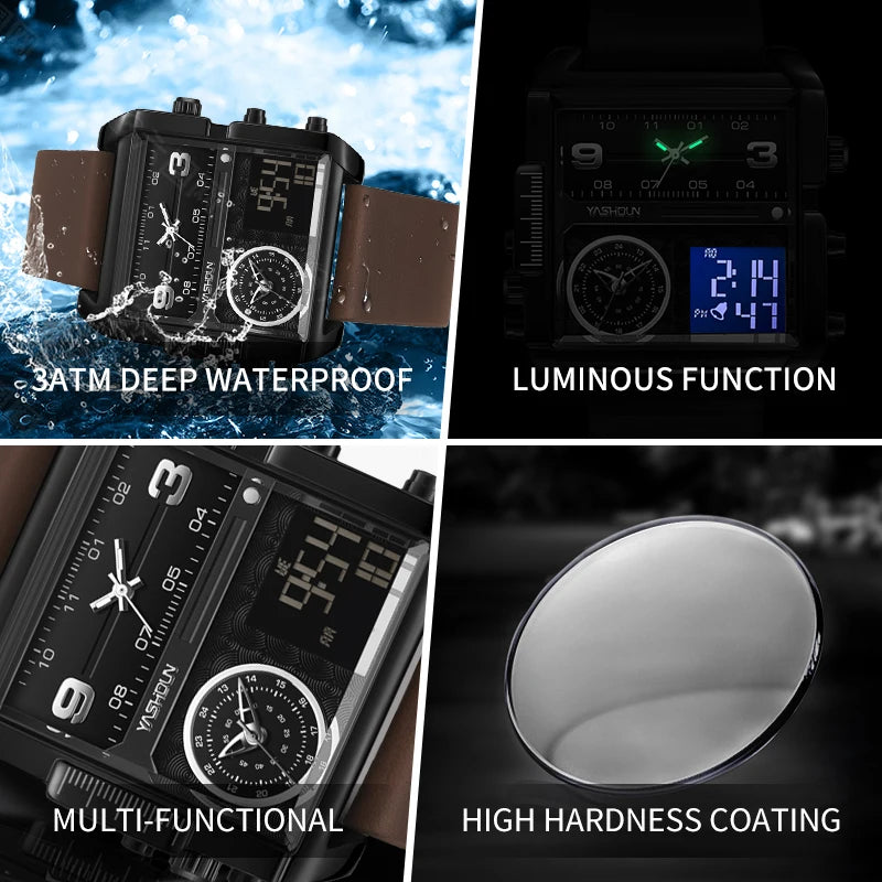 YASHIDUN Multifunctional Square Analog-Digital Sports Watch – Men