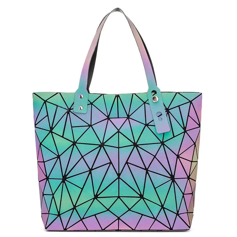 Luxury Hologram Geometric Tote Bag – Large Silver Designer Shoulder Handbag