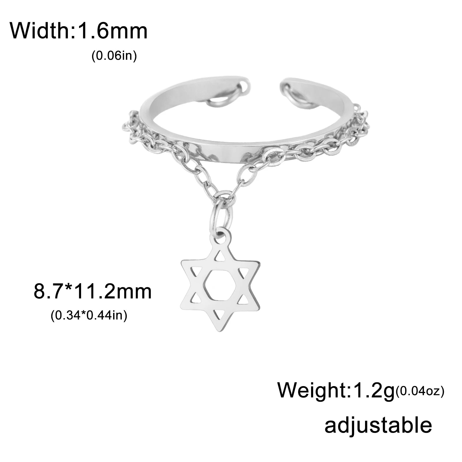 Adjustable ring with Star of David hexagram in stainless steel