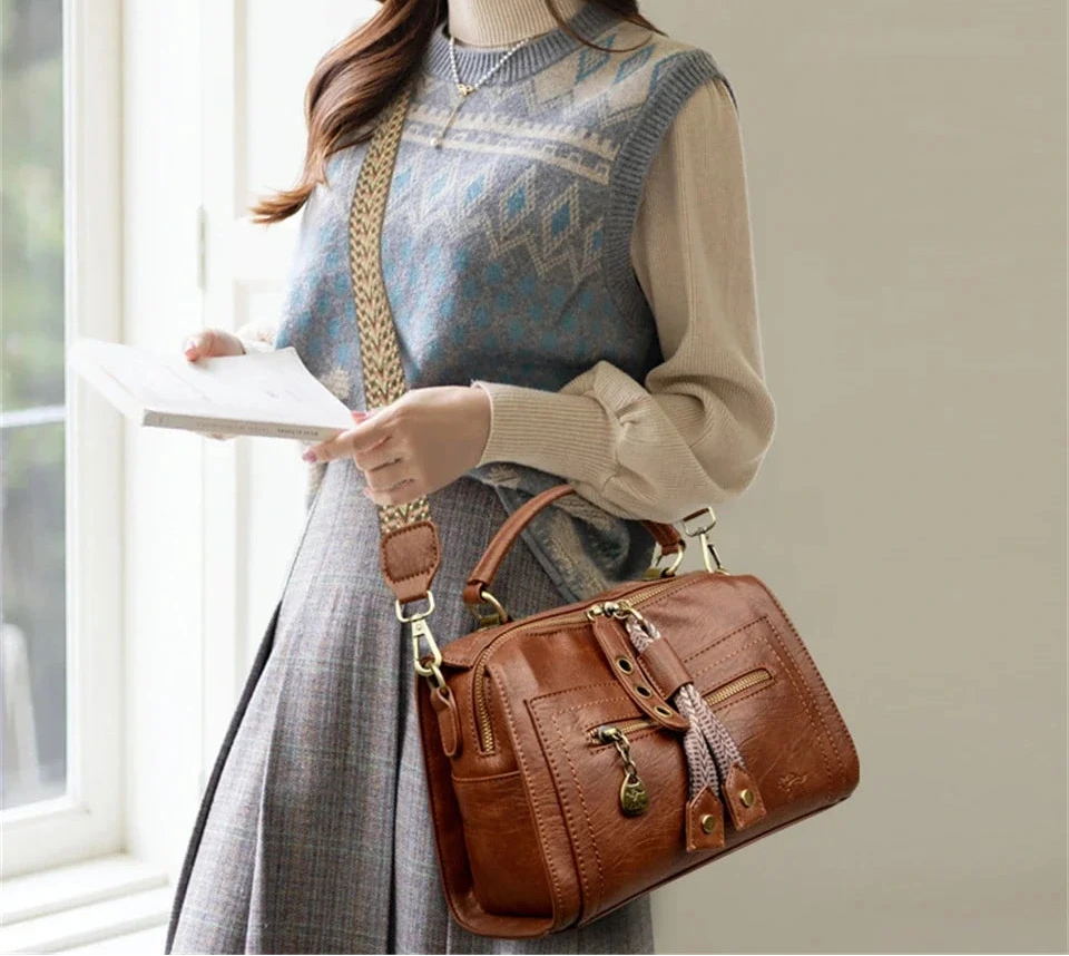 Women’s Soft Leather Top-Handle Tote Bag with Large Capacity