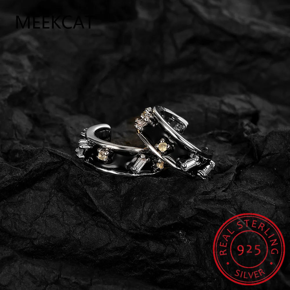 Midnight Sparkle: 925 Sterling Silver Black Enamel & Zircon Ear Cuff